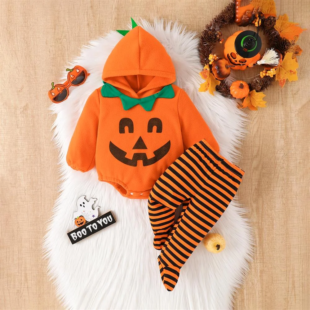 2PCS Pumpkin Printed Striped Long Sleeve Hooded Baby Set