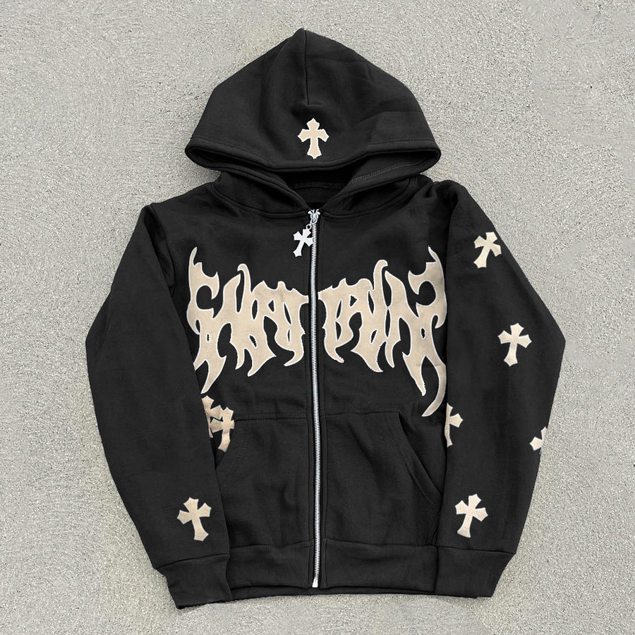 Vintage Cross Faith Graphic Hip Hop Oversized Zip Up Hoodie