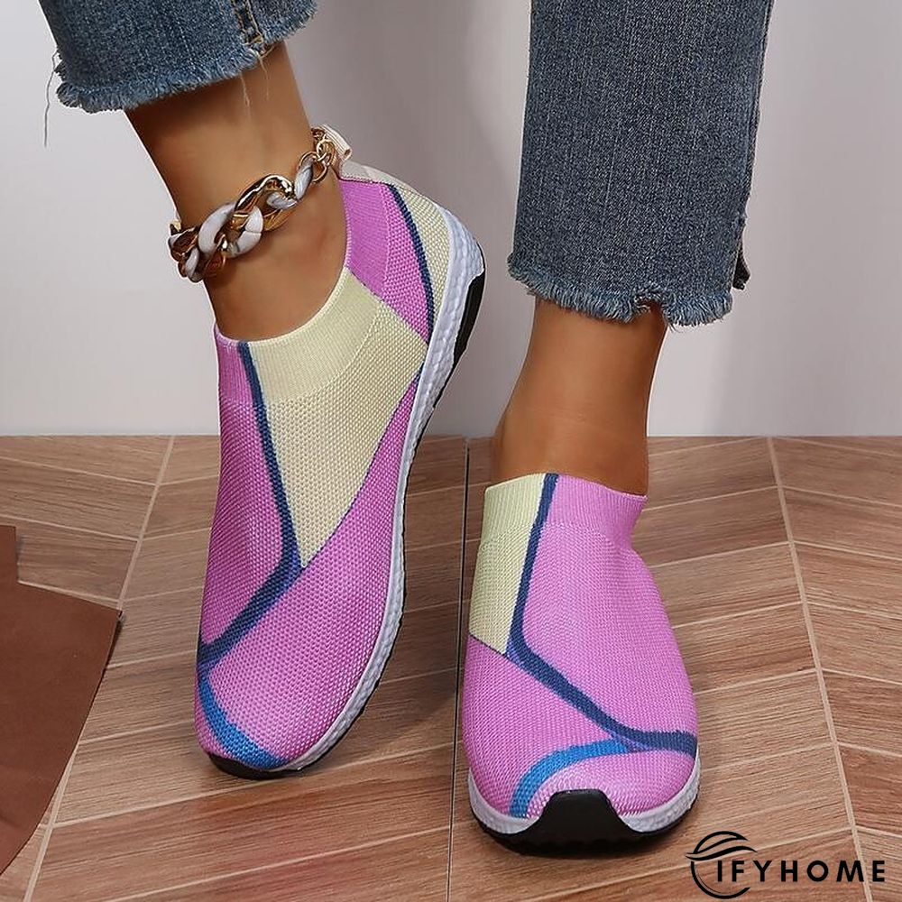 Women's Slip-Ons Flyknit Shoes Daily Summer Flat Heel Round Toe Casual Tissage Volant Loafer Color Block Red Purple Green | IFYHOME