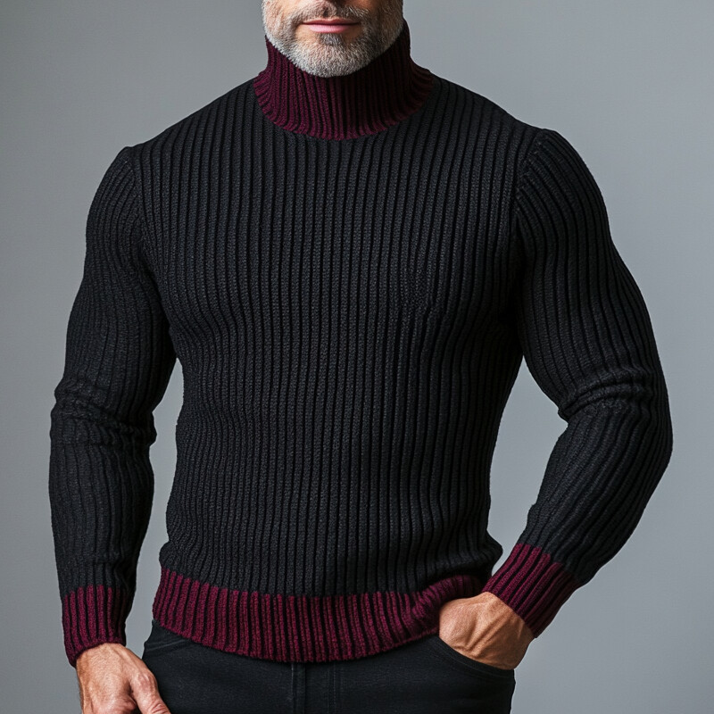 Men's Rib Knitted Two Tone High Neck Long Sleeve Sweater