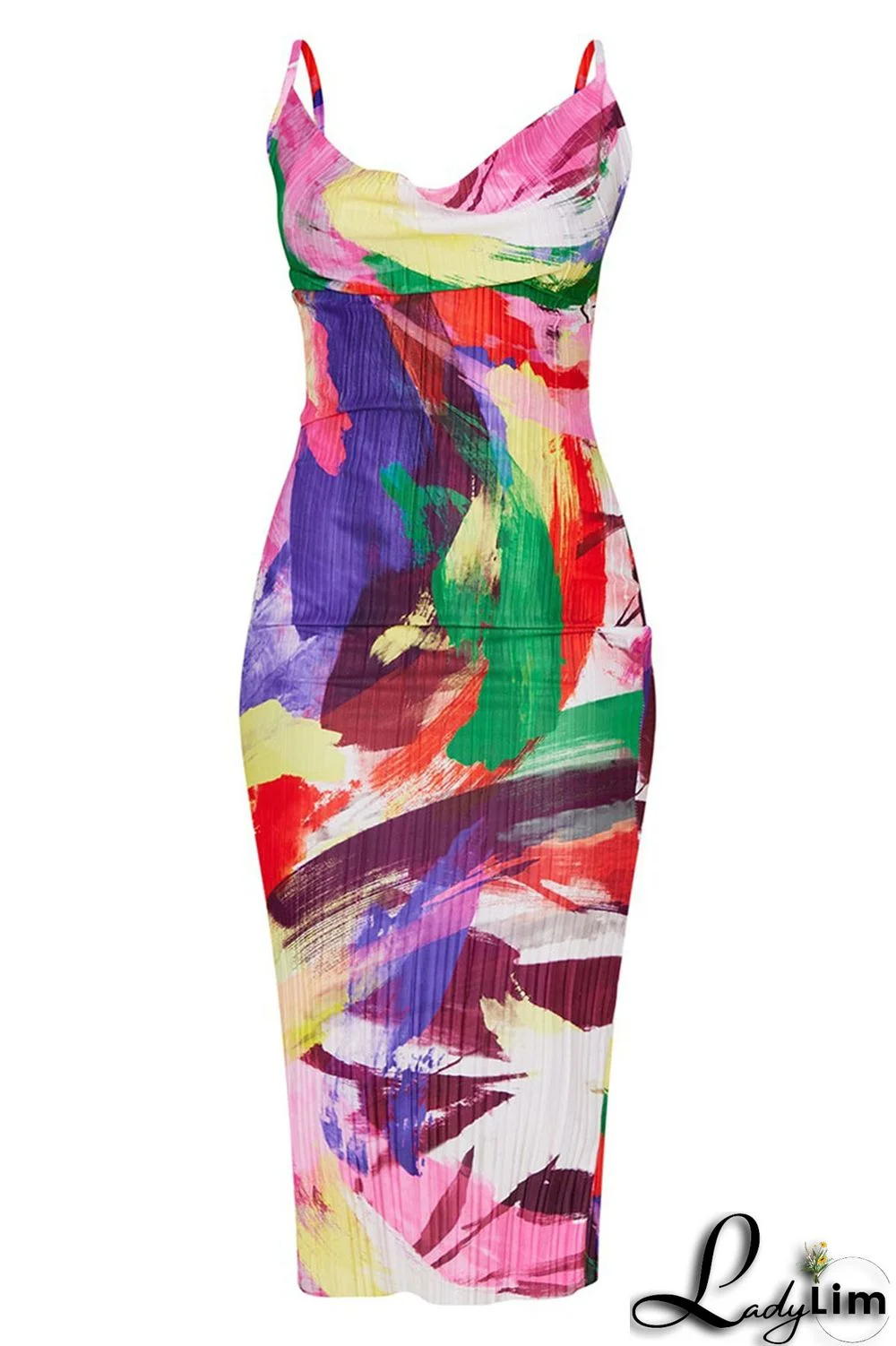 Apricot Red Sexy Print Patchwork Fold Spaghetti Strap Pencil Skirt Dresses