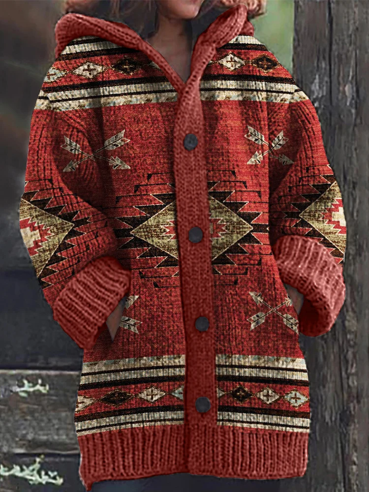 Comstylish Western Ethnic Aztec Cozy Knit Hooded Cardigan