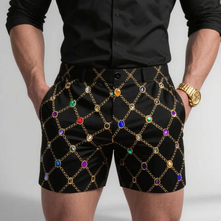 Okaywear Colorful Gemstone Chain Pattern Mid Rise Pocket Shorts 