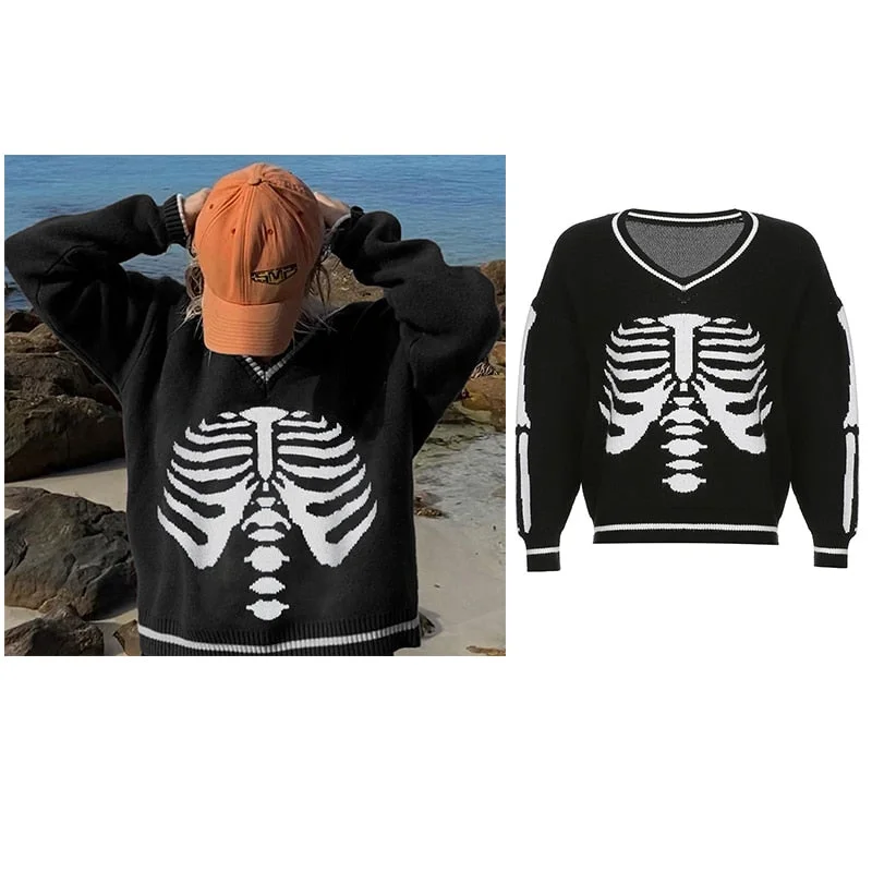 Rapcopter Sweaters Skulls Pullovers V Neck Knitwear Loose Casual Knitted Jumpers Women Streetwear Retro Tops Autumn Winter Cute