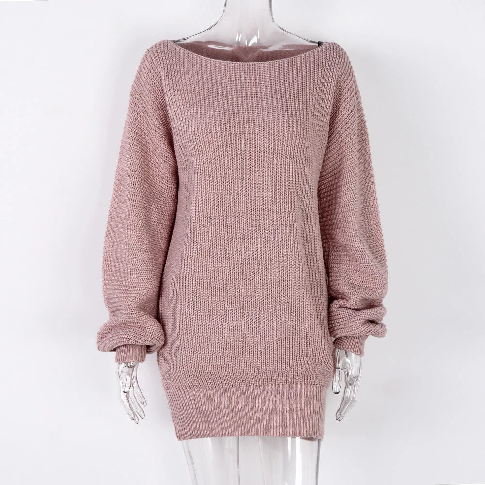 Uveng Long Sleeve Shoulder Casual Loose Knitted Dresses