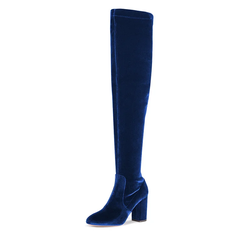 Blue Velvet Chunky Heel Boots Over-the-knee Boots |FSJ Shoes