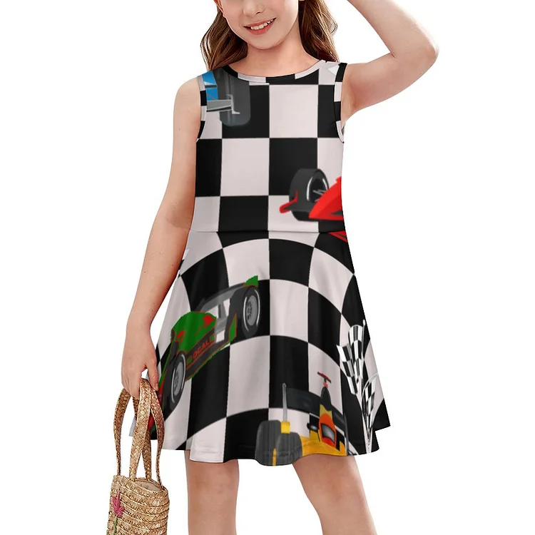 Race Cars Racing Flags Checkered Checker Flag Sleeveless Tank Play Dress Girls Basic A Line Twirly Skater Dress - Heather Prints Shirts