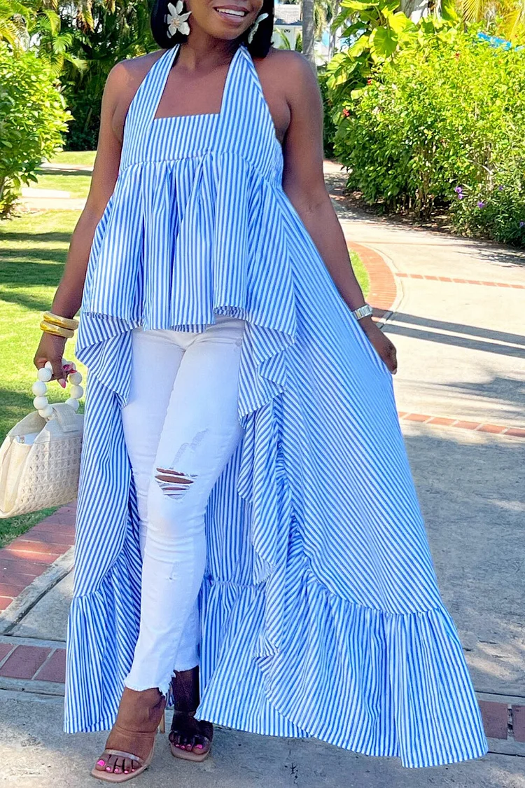 Plus Size Vacation Blue Sundress Striped Halter Collar Asymmetric Hem Ruffle Tank Tops [Pre-Order] 2024 - Xpluswear