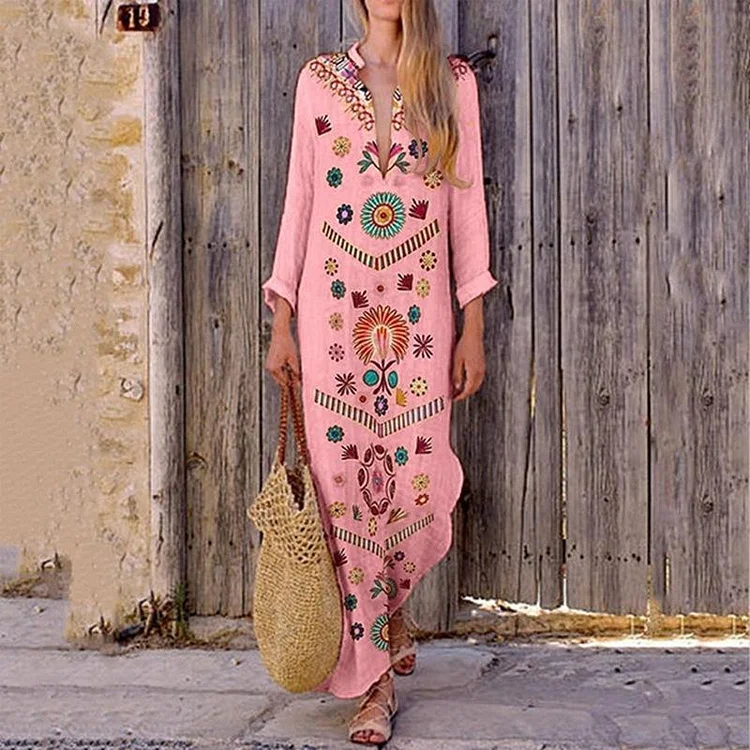 V-Neck Bohemian Printed Long Sleeve Maxi Dress