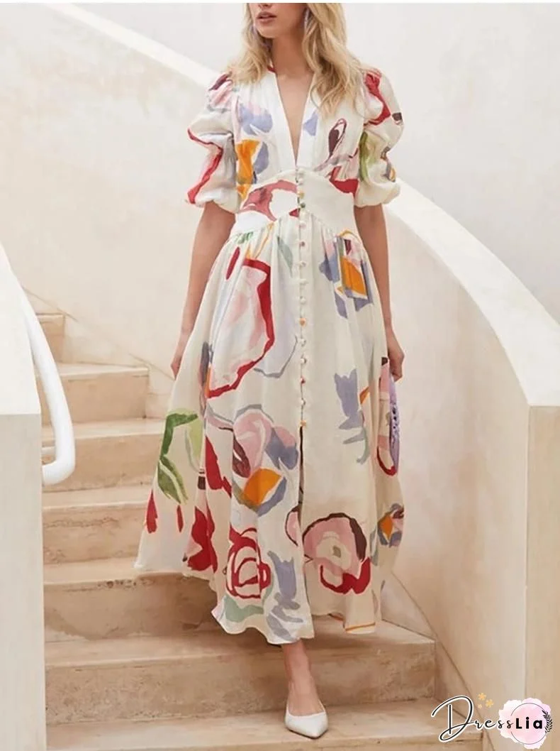 Fashion Bohemian Print Split Joint V Neck A Line Dresses
