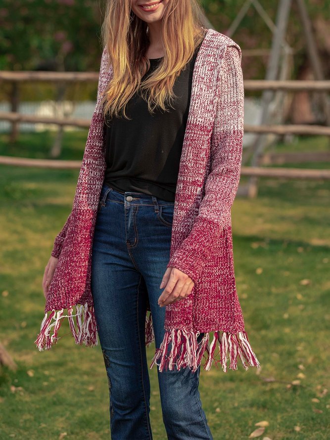 Casual Fringed Long Sleeve Cotton-blend Solid Cardigan