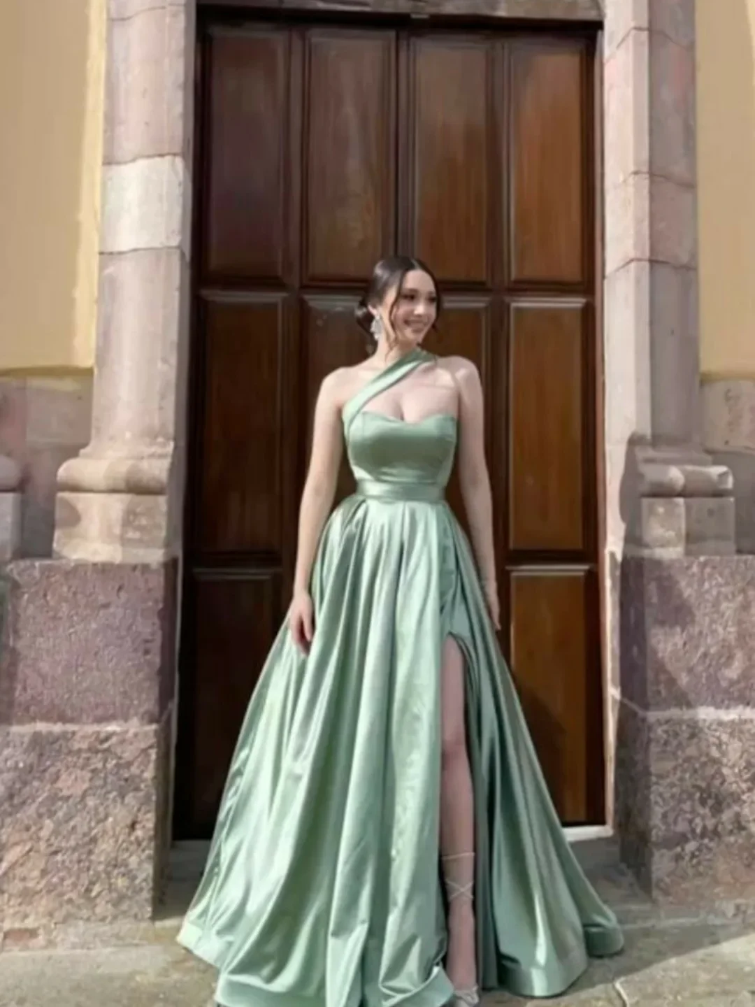 Classic Light Green Asymmetric Satin Sleeveless Split Prom Dress YK0270