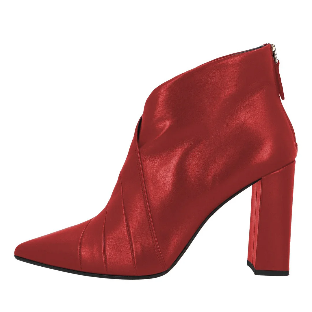 Red Vegan Leather Pointed Toe Chunky Heeled Ankle Boots with Wrinkle