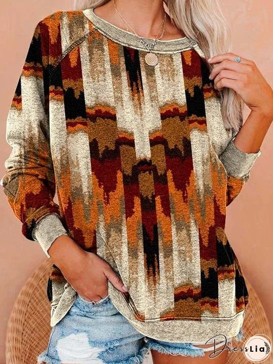 T-Shirts Multicolor Printed Round Neck Long Sleeve T-Shirt for Women