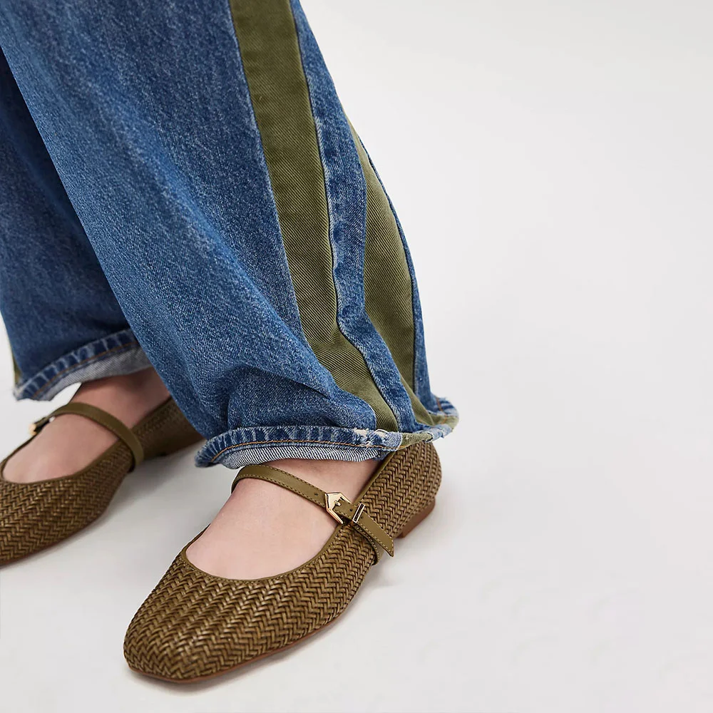 Olive Woven Design Square Toe Mary Jane Flats with Buckle Strap