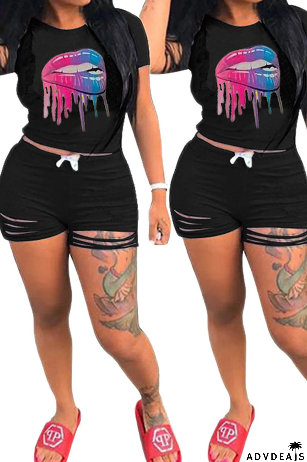 Grey venetian Fashion Active Casual Patchwork Lips Print pencil Short Sleeve Two Pieces