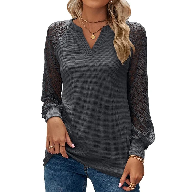 Women's Long Sleeves Waffle Tops Lace Patchwork V Neck Blouse
