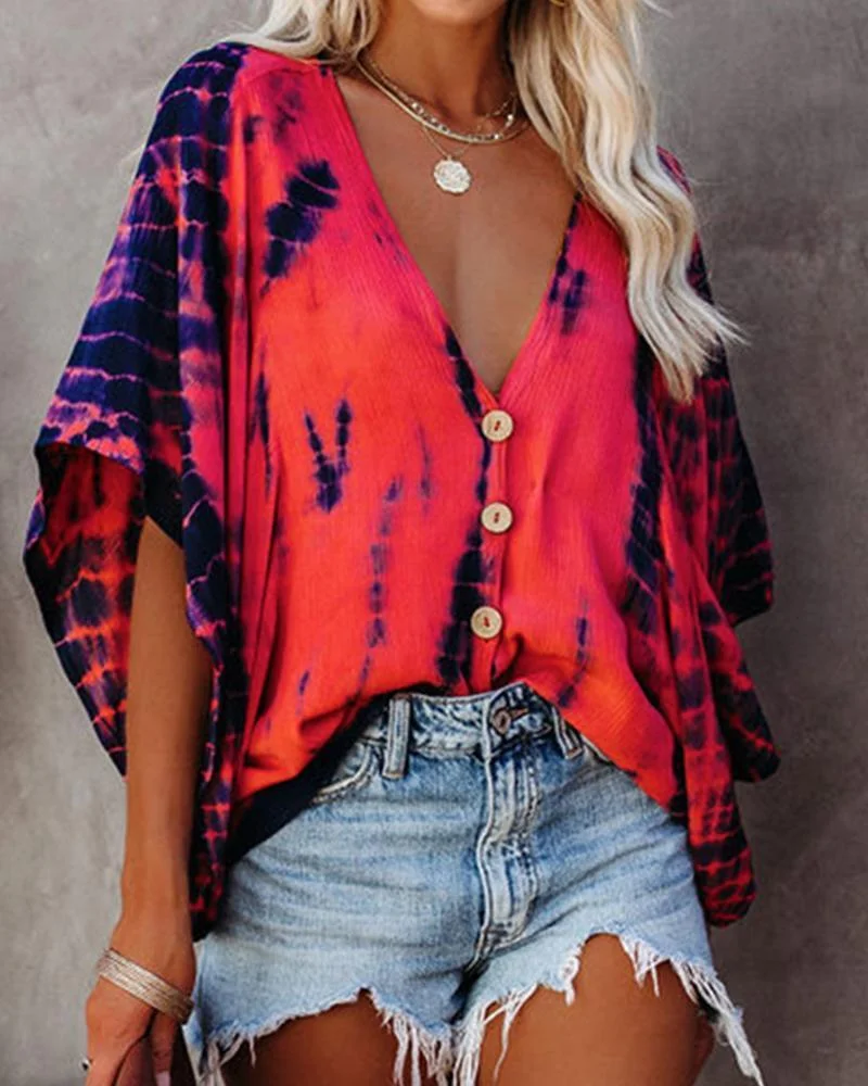 Bat Sleeve Tie-dye Print Blouse P10154