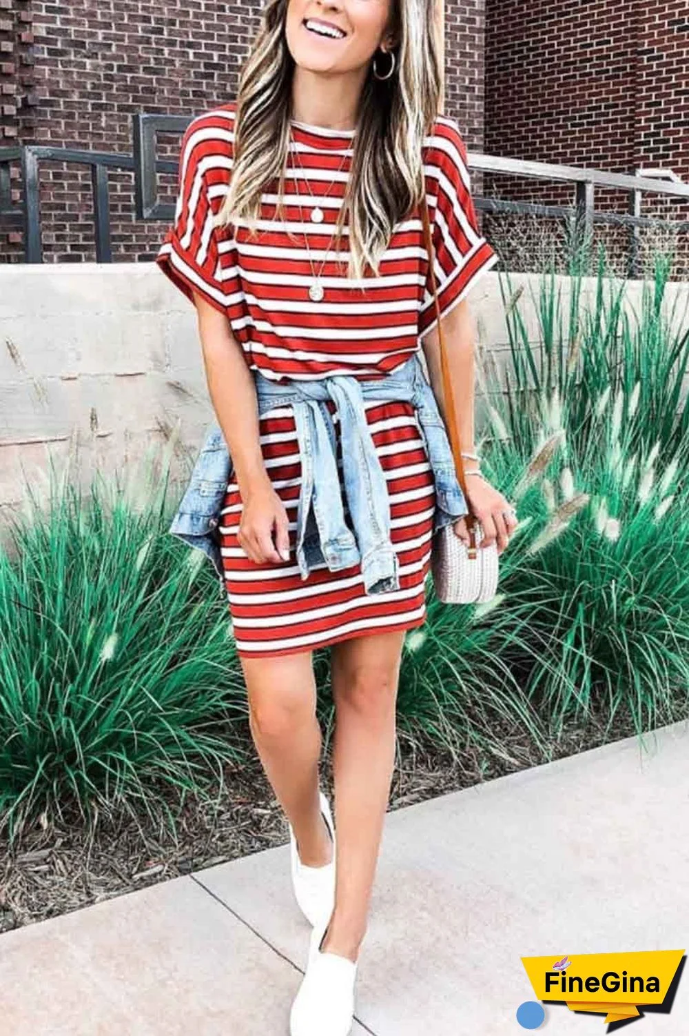 Casual Red Striped Mini Dress