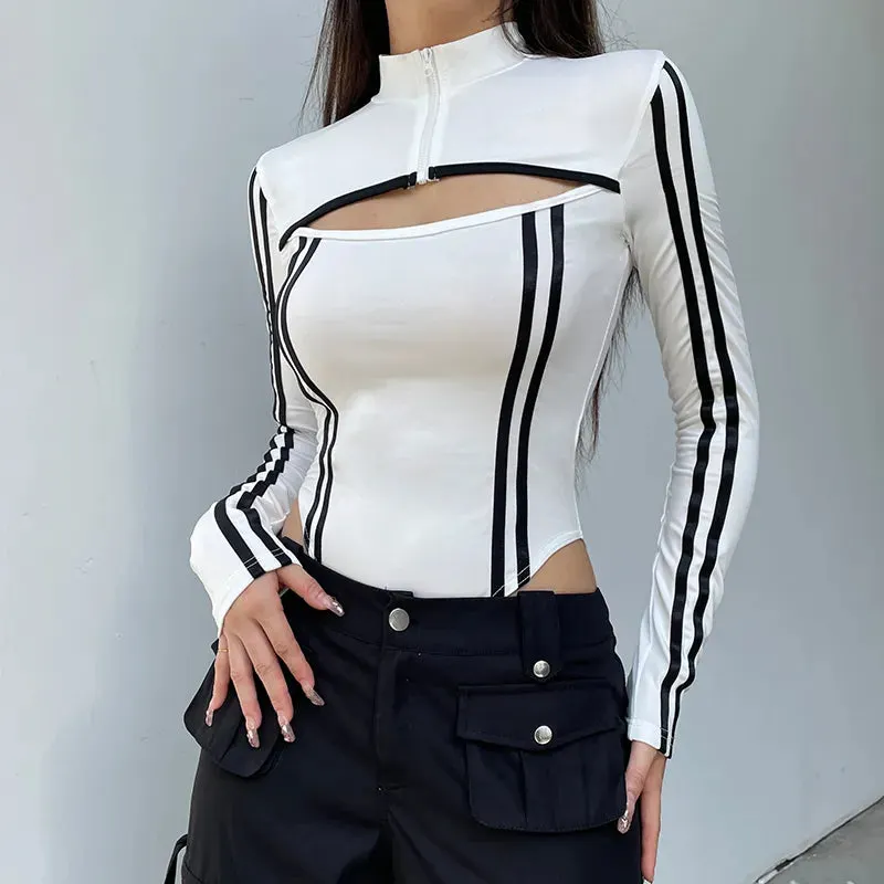 Brownm Striped Cut Out Bodysuit