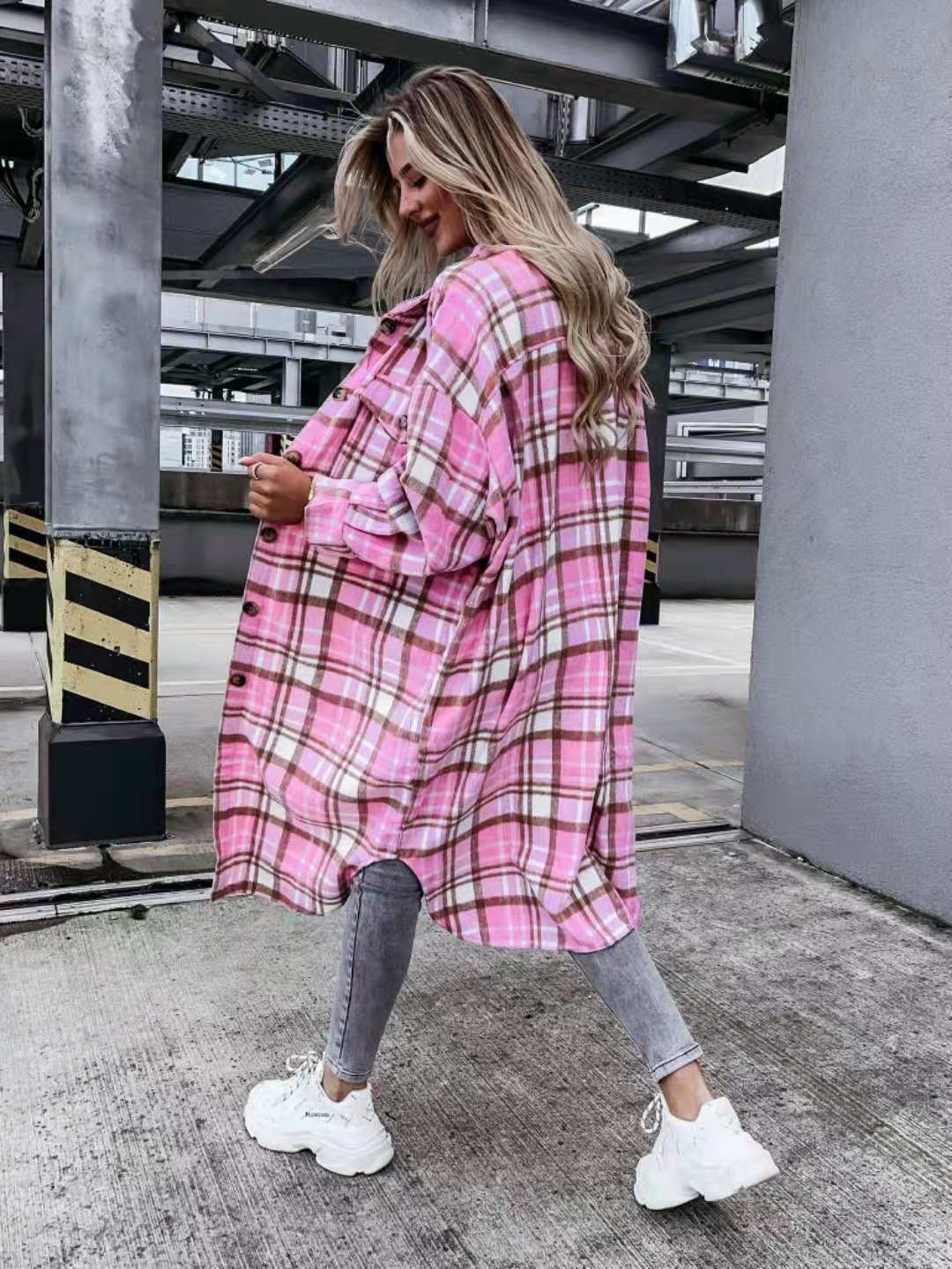 Casual Long Plaid Shirt Women's Fashion Polo Collar For Women Blouses