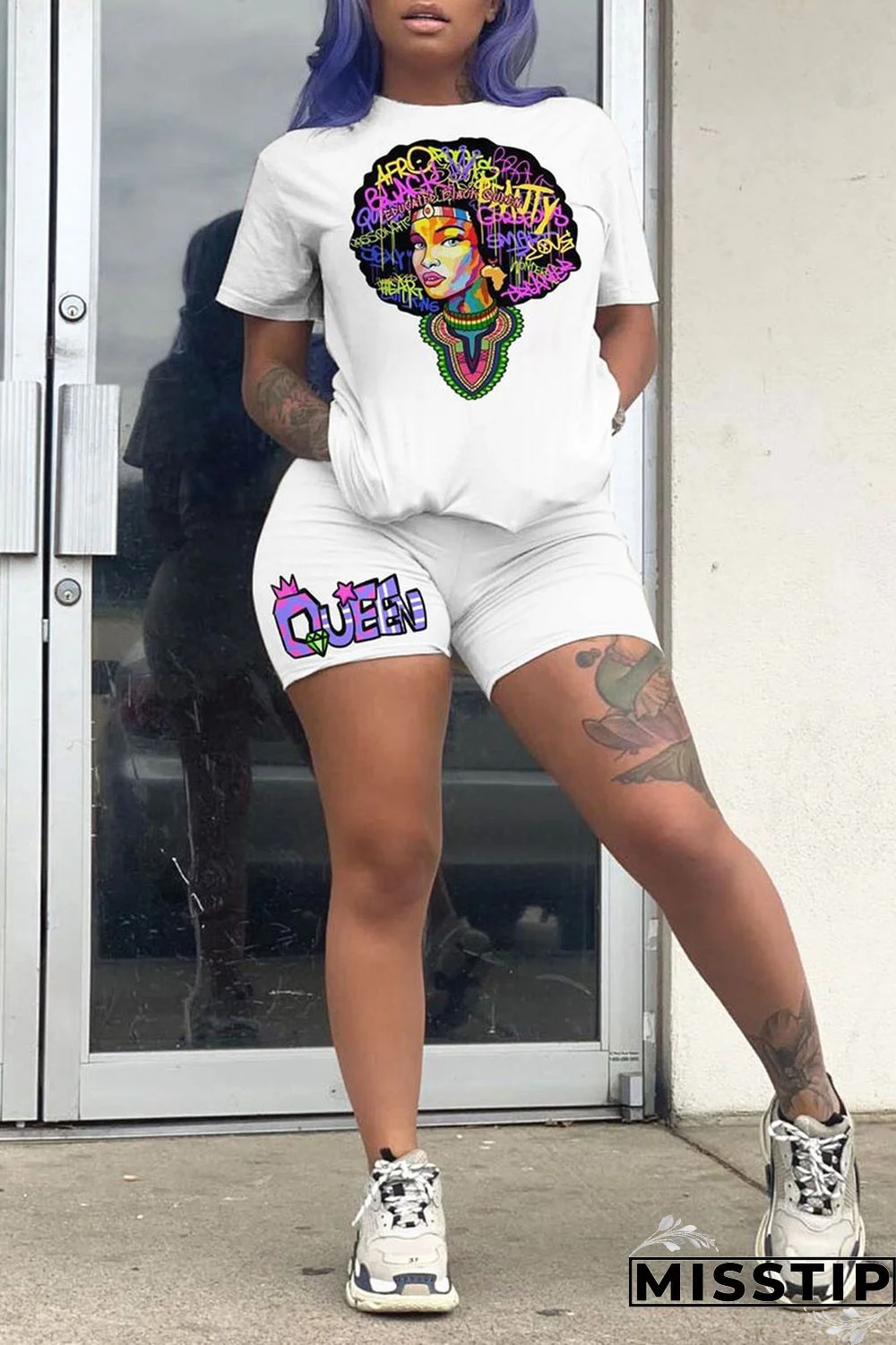 Black Casual Print Patchwork O Neck Short Sleeve Two Pieces