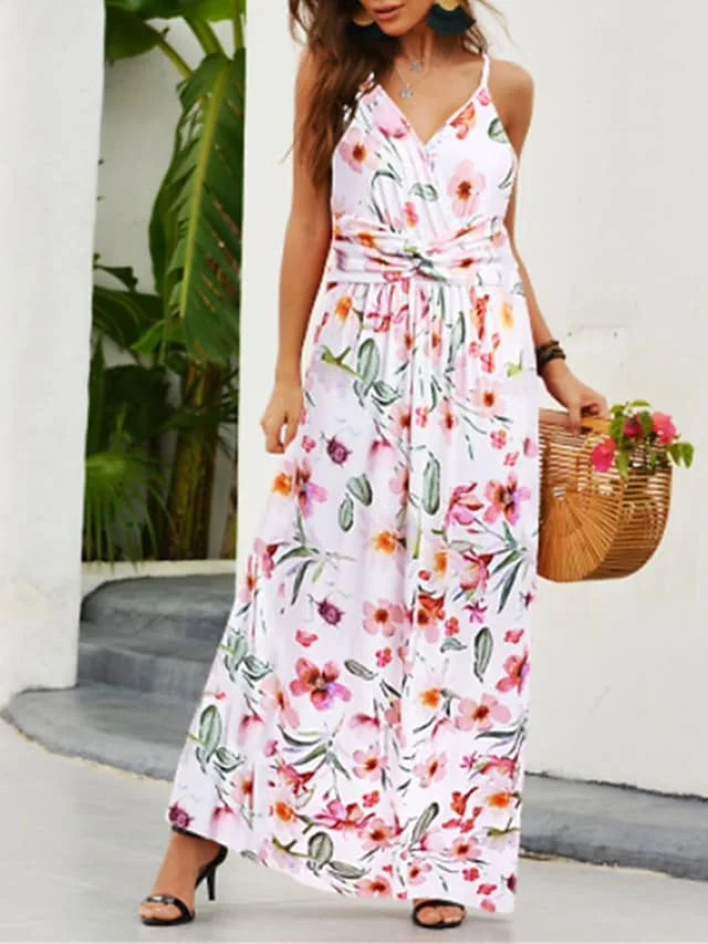 Women's Long Dress Maxi Dress Sundress A Line Dress Slip Dress Graphic Floral Fashion Streetwear Vacation Going out Beach Backless Print Sleeveless Strap Dress Slim White Yellow Red Spring Summer S M | IFYHOME