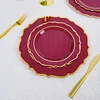 10 Pack | 8" Burgundy Plastic Dessert Salad Plates, Disposable Tableware Round With Gold Scalloped Rim