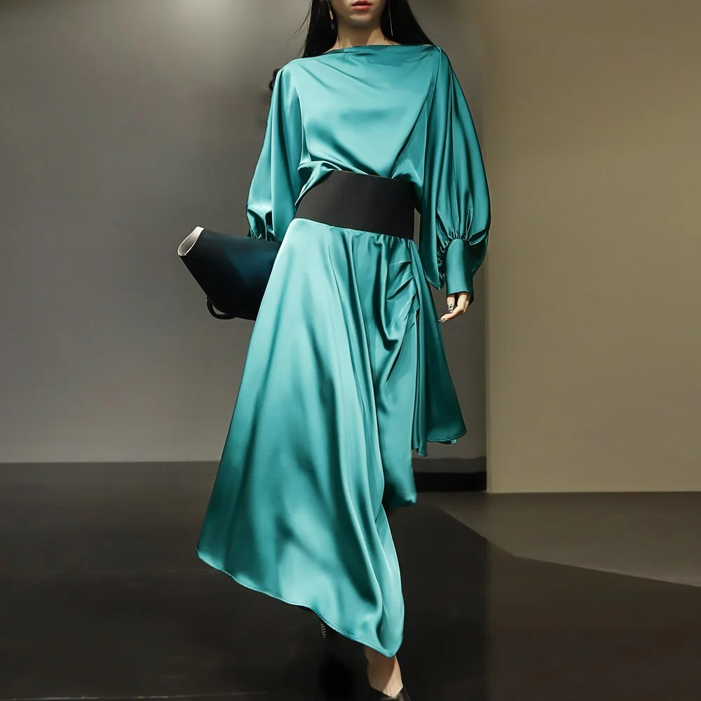 QJONG Loose Two Piece Set Womens Round Neck Long Sleeve Tops High Waist Split Midi Skirt Female Fashion Clothes Style New