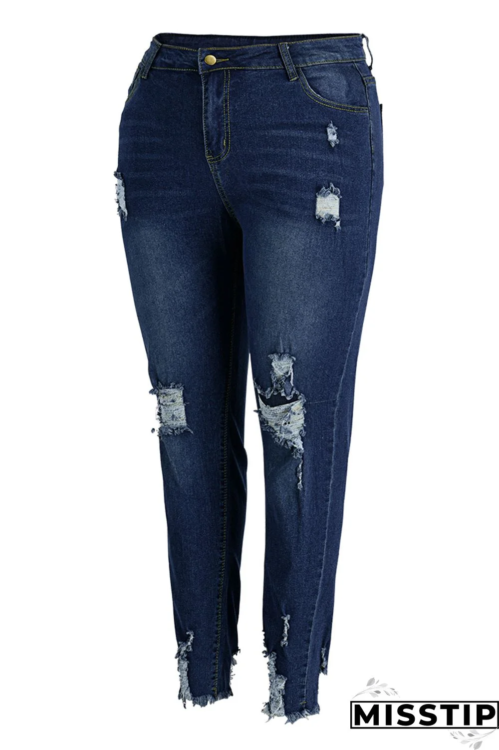 Black Fashion Casual Solid Ripped Plus Size Jeans