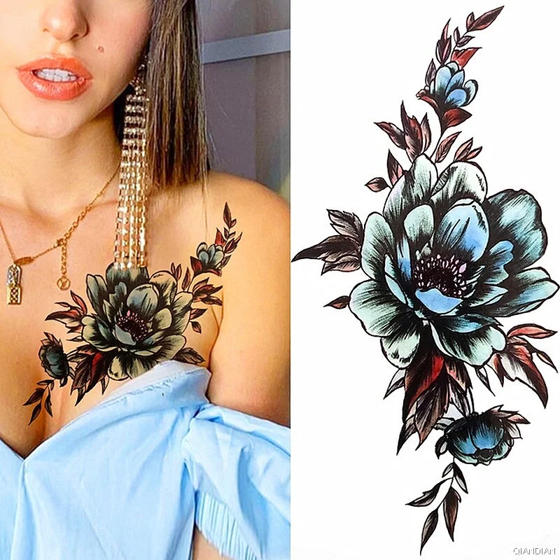Black Sexy Flower Temporary Tattoos Sticker Arm Sleeve Rose Tree Skull Lion Bear Snake Henna Body Decorate Fake 3D Women Totem