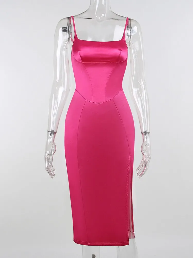 WannaThis Satin Knee Length Dresses For Women Sexy Elegant Sleeveless Corset Bodycon Clubwear Party 2021 Split Fashion Dresses