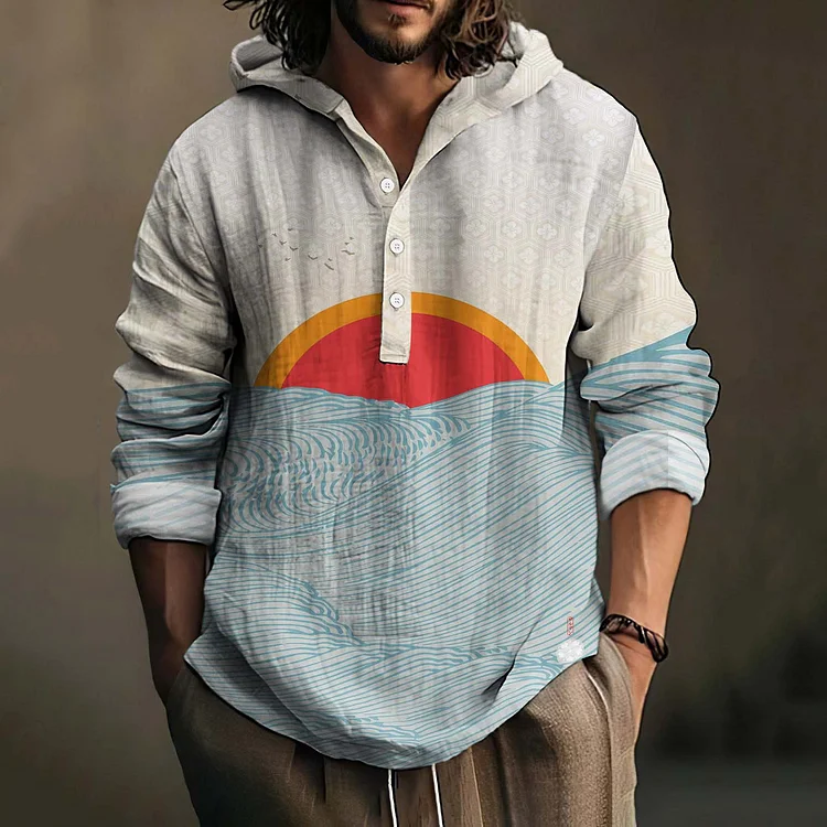 Men's Japanese Ukiyo-E The Rising Sun Waves Hokusai Sashiko Art Linen Blend Hooded Shirt