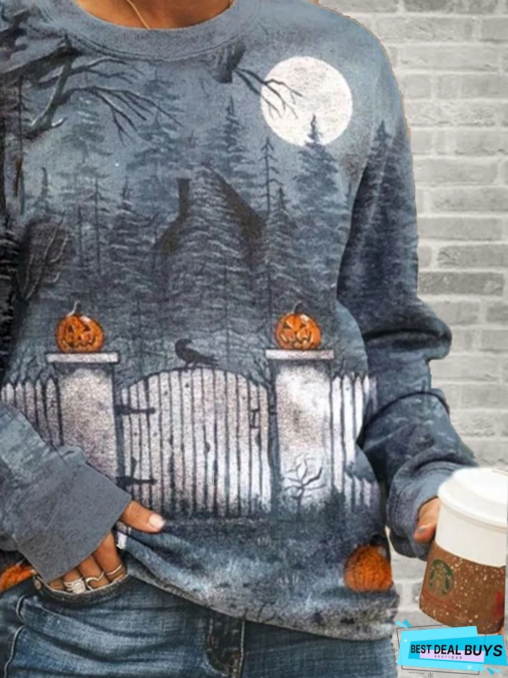 Halloween Light Blue Crew Neck Printed  Outdoor Sweatshirt