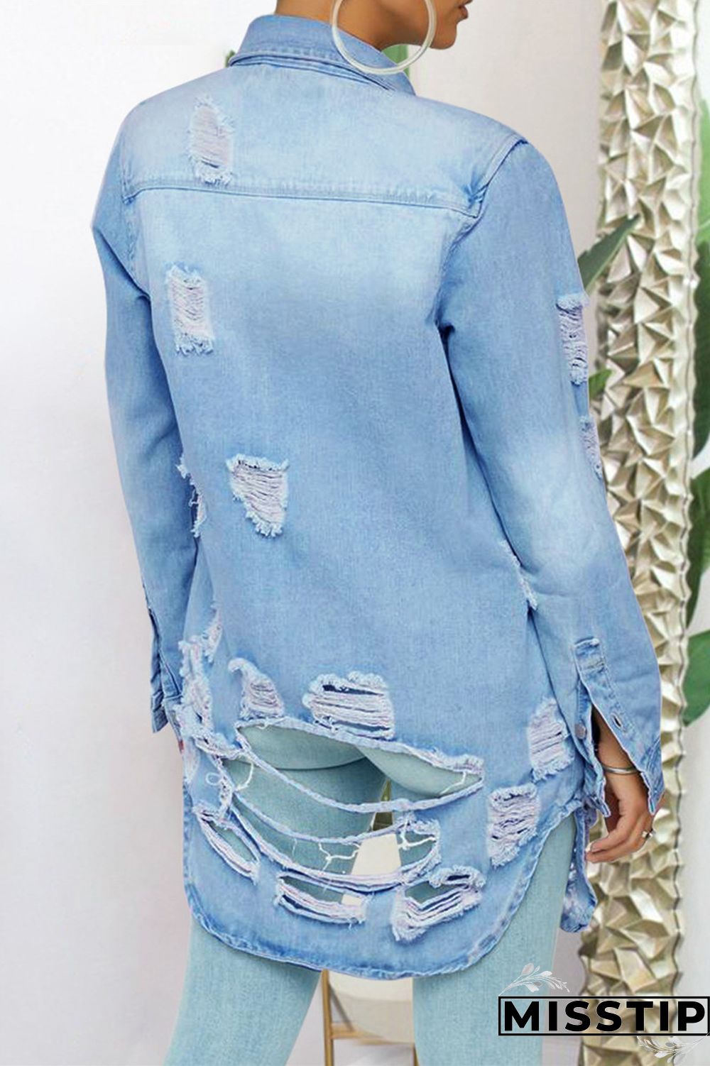 Dark Blue Fashion Casual Solid Ripped Turndown Collar Plus Size Overcoat