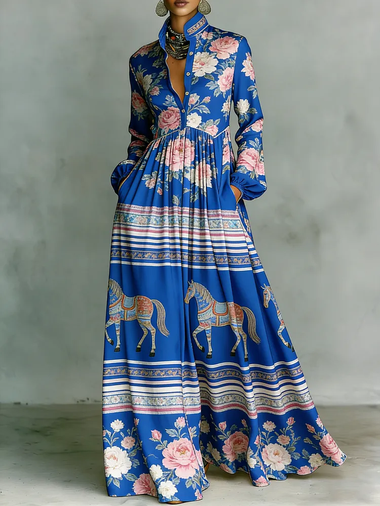 Women's Vintage print Elegant Romantic Vacation Maxi Dress