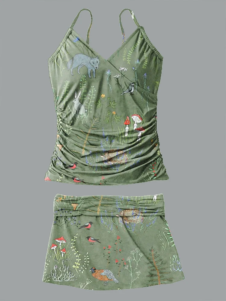 V-Neck Vintage Floral Animal Art Pattern Halter Pants Skirt Set Swimsuit