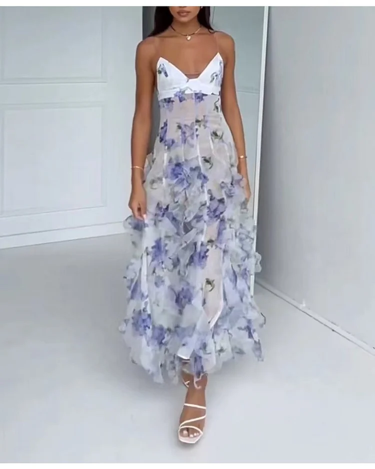 Sexy halter print plant print dress
