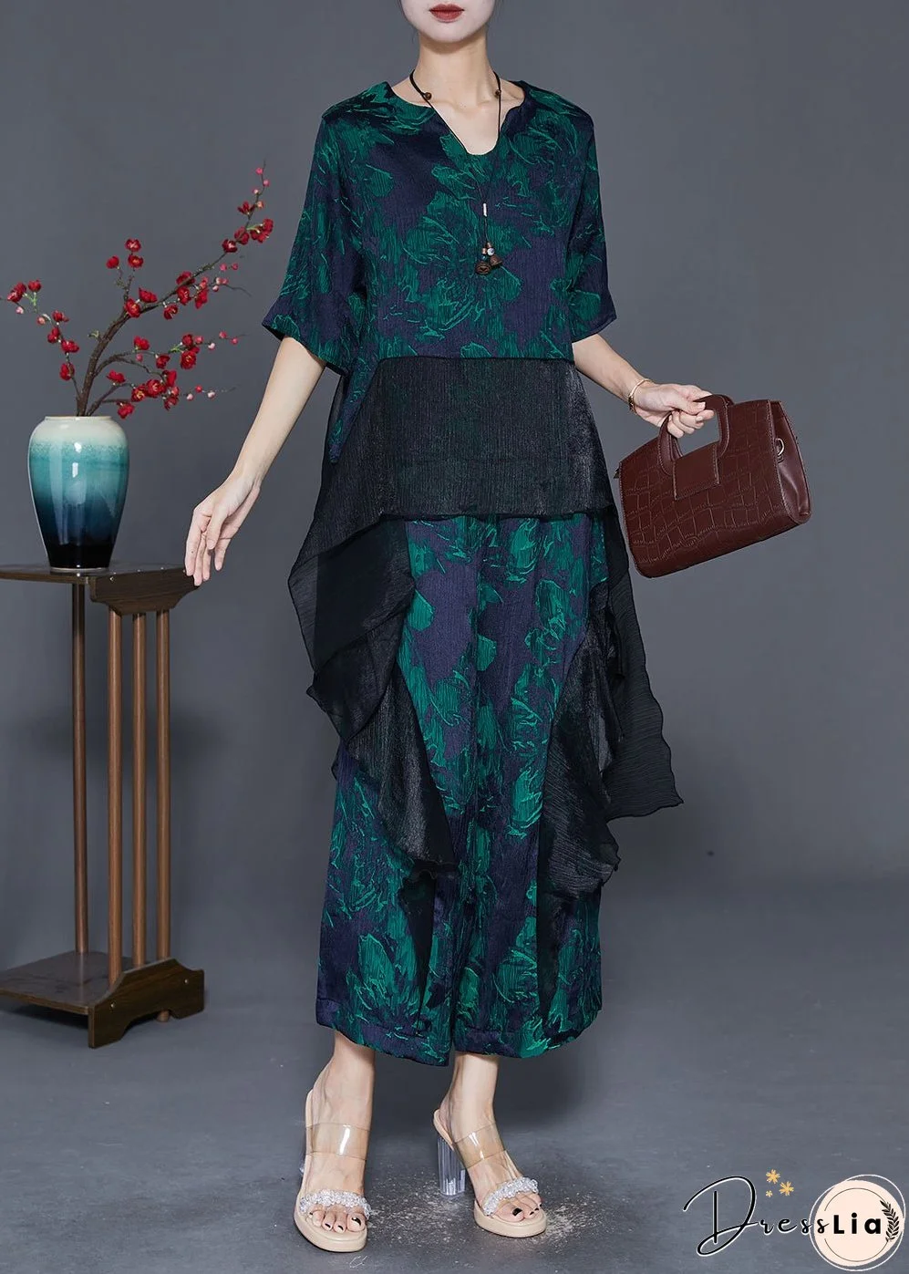 Stylish Green Oversized Patchwork Print Silk Two-Piece Set Fall