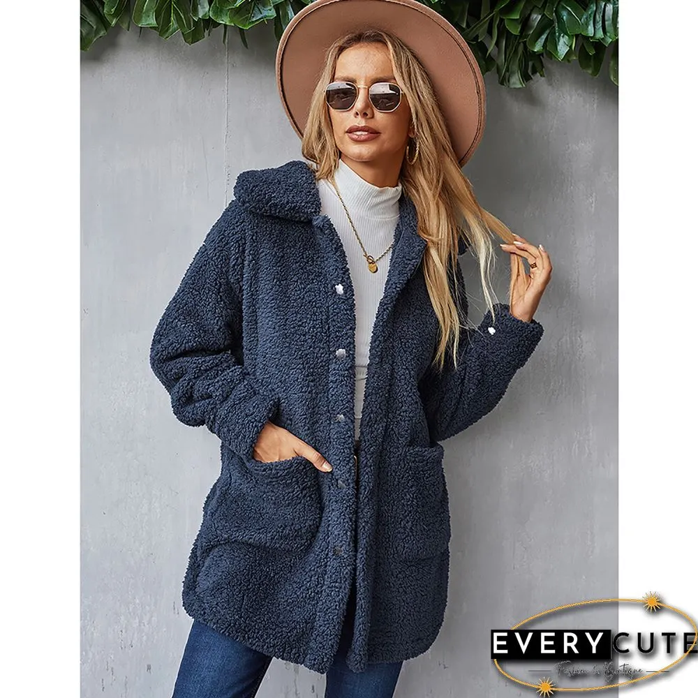 Navy Blue Double-sided Velvet Buttoned Plush Warm Coat