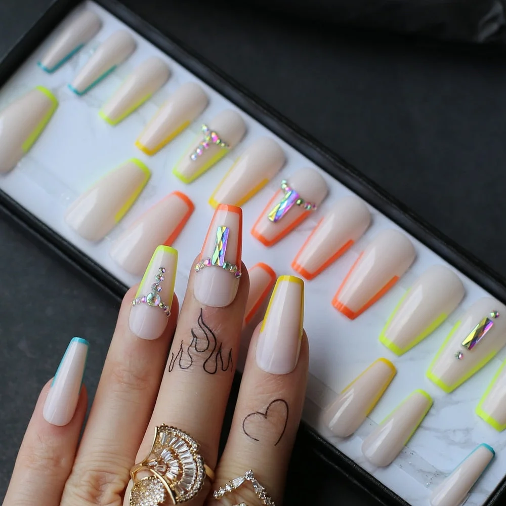 Rainbow nails Gel Coffin False Nails Press On Gift Box Handmade Rhinestone art Ballet Fake nails-Nail Inspo