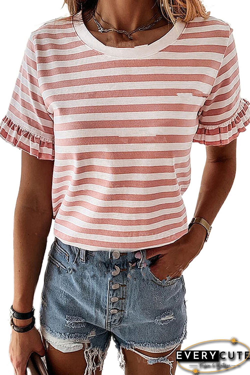 Pink Casual Striped Ruffle Sleeve Short Sleeve T-Shirt
