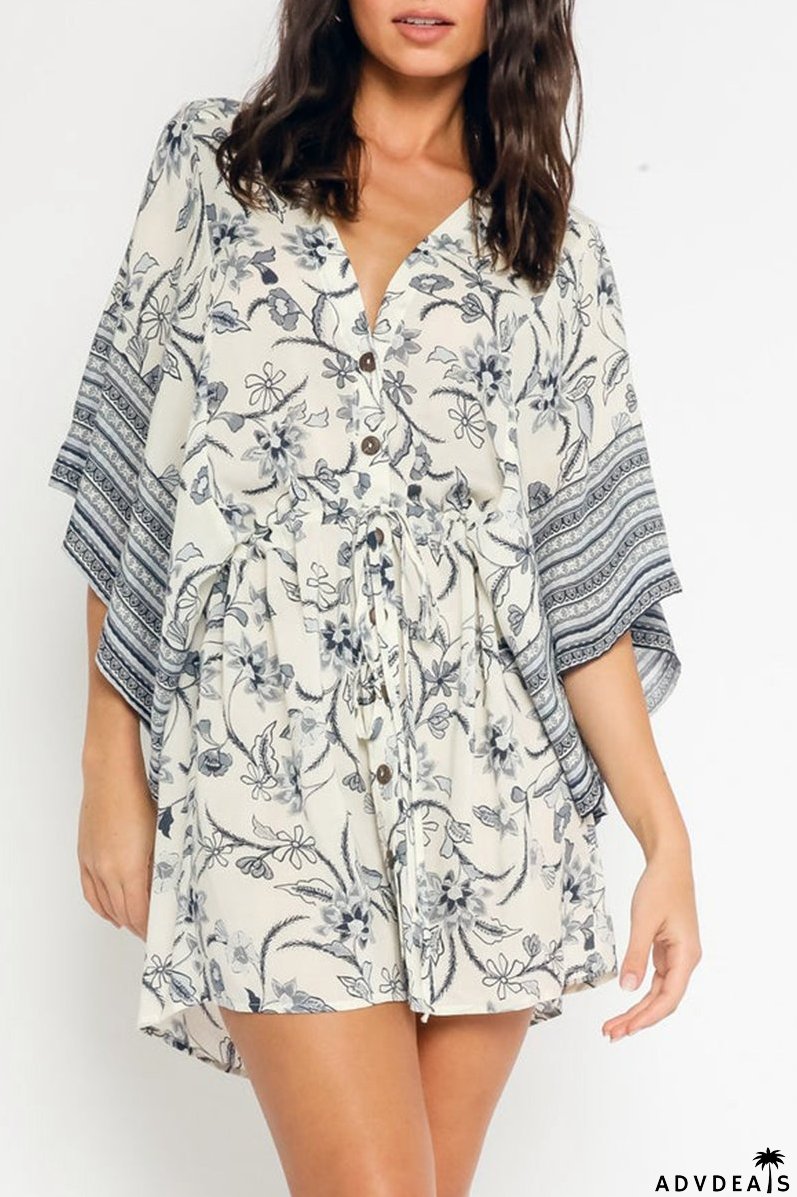 Fashion Print Split Joint V Neck Cake Skirt Dresses