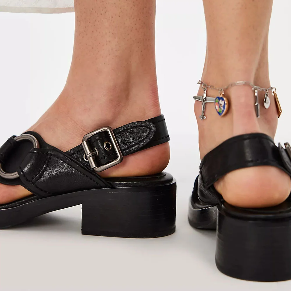 Black Open Square Toe Buckle Strap Platform Chunky Heeled Sandals