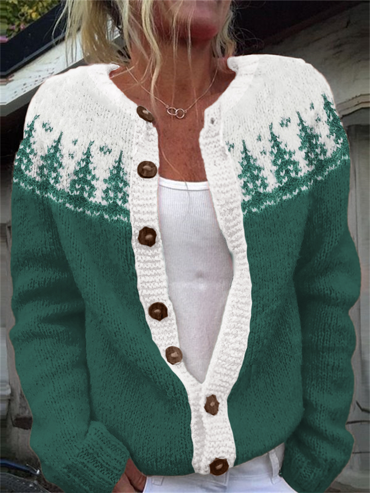 Christmas Trees Yoke Contrast Color Cozy Knit Isle Cardigan