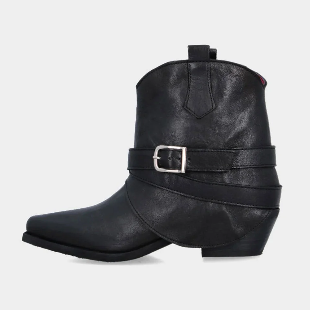 Black Snip Toe Cuffed Buckle Strap Cowgirl Boots for Women