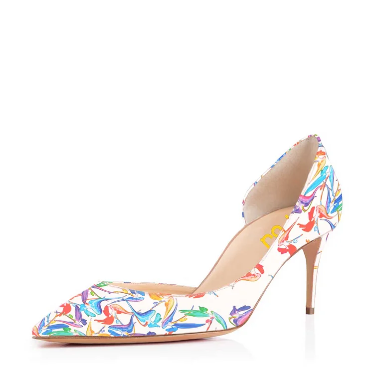 Women's Lillian White Floral Heels Dorsay Pumps |FSJ Shoes