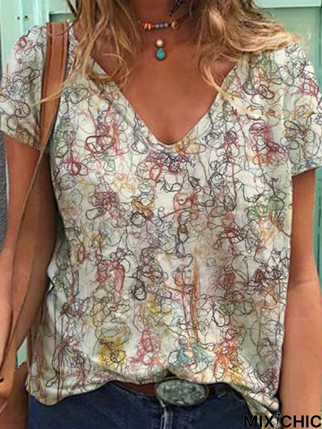 Cotton Short Sleeve V Neck Printed t-shirt