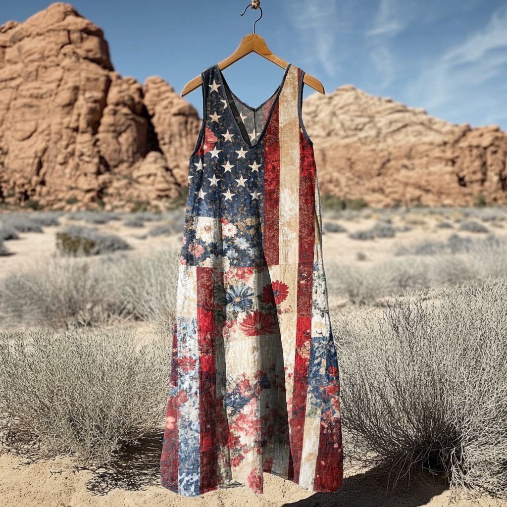 Women's Vintage Independence Day Flag Flower Print V Neck Casual Midi Dress