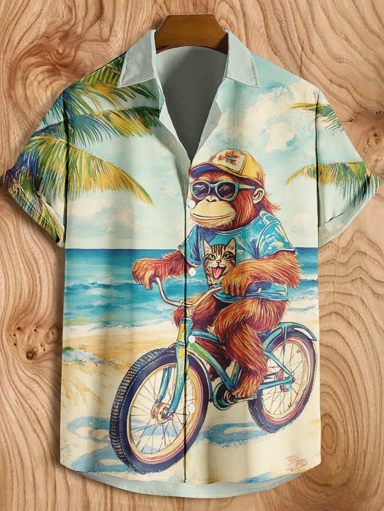 Men's Orangutan Biking on the Beach Hawaiian Print Short Sleeve T-Shirt